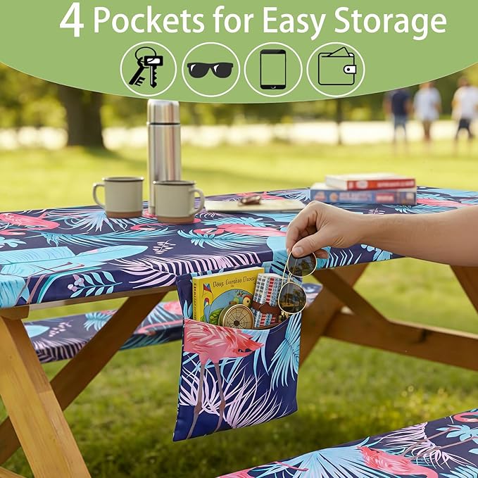 Fitted Waterproof Picnic Table Cover with Bench Covers Heavy Duty Elastic Outdoor Camping Tablecloth for 6 Foot Rectangle Tables Summer Rv Accessories Patio Garden Road Trip Essentials Gifts