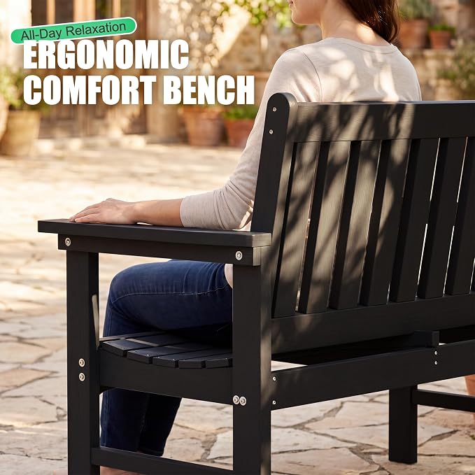 JUMMICO High-Density Polyethylene Outdoor Garden Bench, Ergonomically Designed, Weather-Resistant, 800-Pound Weight Capacity, Perfect for Gardens, Patios, Porches, and Backyards, 2-Person, Black