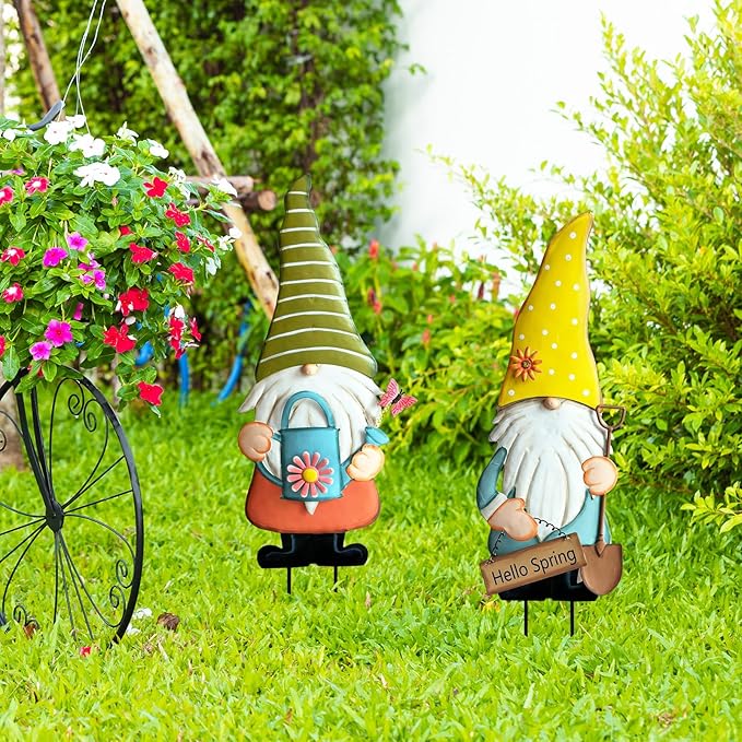 Metal Gnome Decorative Garden Stakes,23.8” Set of 2 Spring Garden Gnomes Outdoor Decor with Flower Butterfly Watering Can Ornament, Gnomes Decorations for Yard Lawn Backyard Porch Outside Decorations
