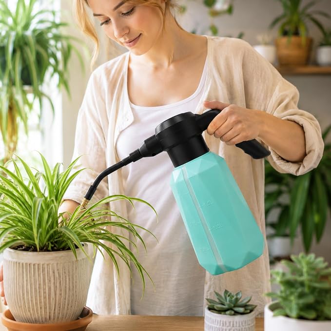 Battery Powered Sprayer, 1/2 Gallon Electric Spray Bottle with 2200mAh Battery 3H Runtime, 3 Speeds 2 Nozzles, Flexible Rubber Wand, Transparent Tank with Measuring Cup Cap, Blue