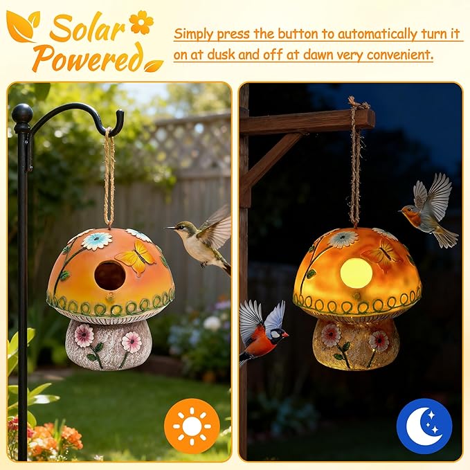 Smadeer Solar Birdhouse for Outdoor Hanging, Mushroom Bird House with Lights Outside, Resin Garden Statue Decorative Nesting Box for Chick Blue Bird Hummingbird Woman Gifts for Yard Patio