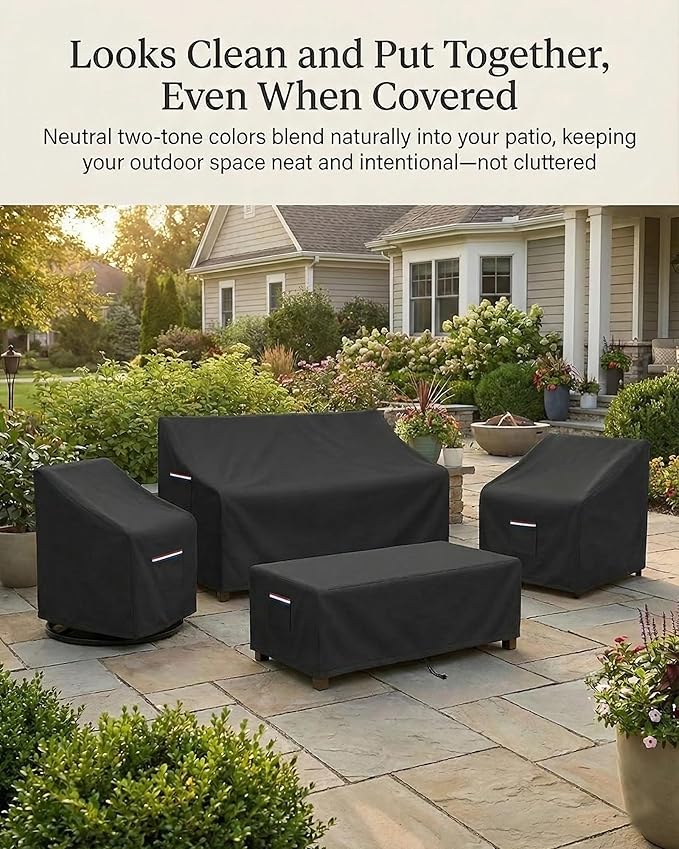 4-Piece Patio Furniture Cover Set, Waterproof Outdoor Furniture Covers for Loveseat, Patio Chairs & Coffee Table, Heavy-Duty 600D, Fade & UV-Resistant, Breathable, All-Season Protection, Black