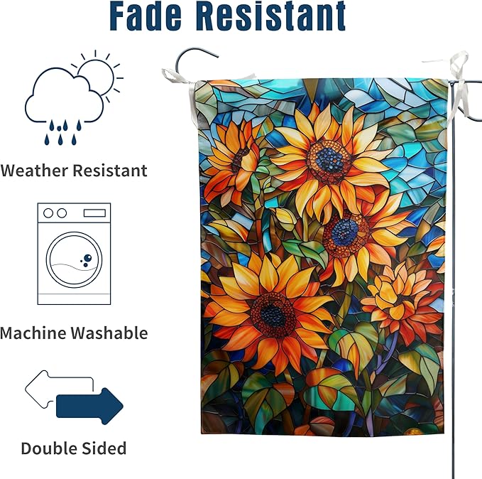 Fall Sunflower Garden Flag Autumn House Flags 28x40 Double Sided Large Thanksgiving Outdoor Flag for Outside Stained Glass Floral Yard Flags Fall Porch Lawn Flags Decorative