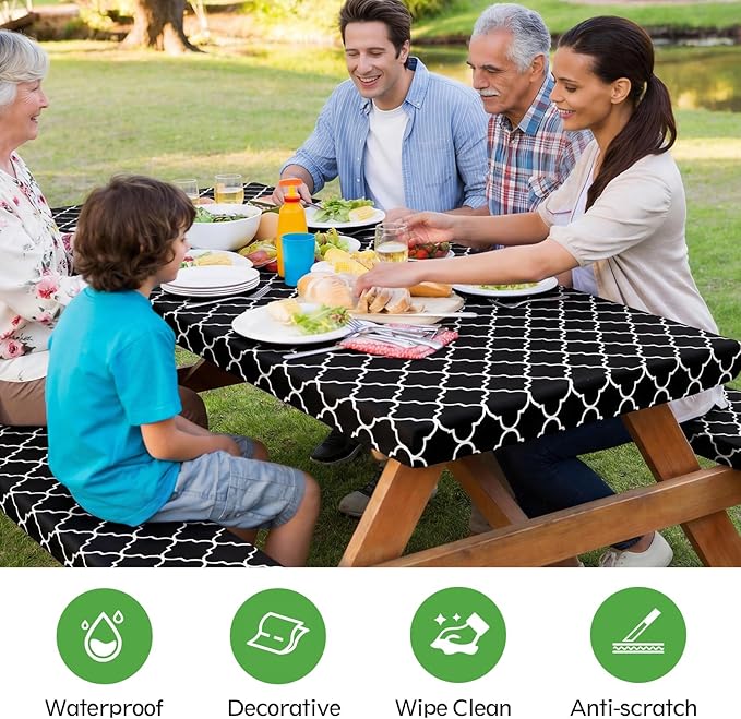 Picnic Table Cover with Bench Covers, Fitted 6ft Waterproof Tablecloth Set for Outdoor Camping & RV - Includes 1 Table Cover & 2 Bench Covers with Drawstring Storage Bag, 30"x72", Morocco Black