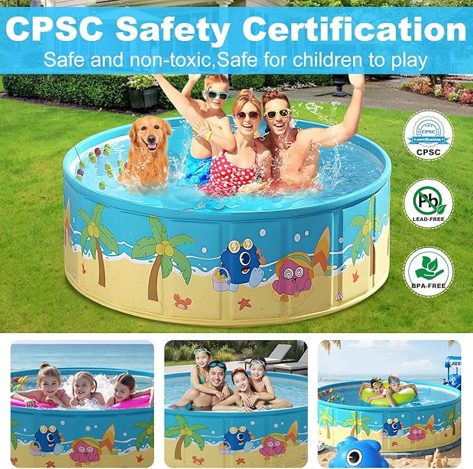 Foldable Swimming Pool for Kids 62.9"x17.7" Hard Plastic Portable Dog Pool Anti-Slip Collapsible Pets Bathtub Kiddie Pool Indoor Outdoor Backyard (JellieMons 63'')