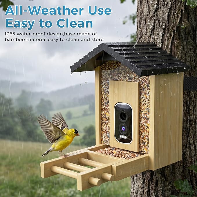Bamboo Bird Feeder with Camera, 2.5K HD Smart Bird Feeder with Camera, Solar Bird Feeder with AI Recognition, Wooden Bird House with Camera, Squirrel Proof, Dual Seed Bird Feeders for Outdoors