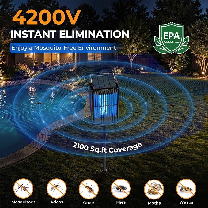 Solar Bug Zapper Outdoor, Solar Mosquito Zapper Outdoor with Ground Bracket, AUTO On/Off Solar Fly Zapper with Illuminated Light, Rechargeable Cordless Mosquito Traps for Camping Paito Backyard Garden