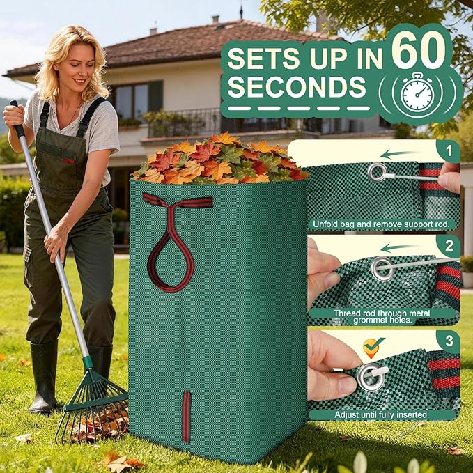 Yard Waste Bags 2-Pack 72 Gallon, Reusable Leaf Collector, Self-Standing Leaf Bags with Reinforced Handles, Collapsible Dustpan-Type Garden Bag for Leaves, Grass, Debris, and Outdoor Cleanup YoJinXtra