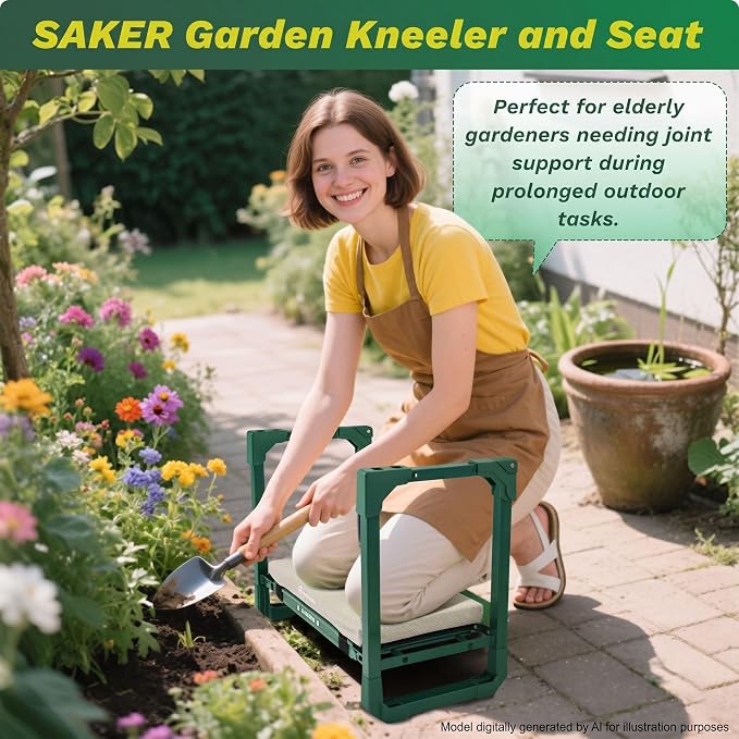 Saker Garden Kneeler and Seat Foldable Gardening Stool with Extendable Legs & Thickened Pad, Tool, Heavy Duty 400lbs Support for Elderly, Gardening, Outdoor Use