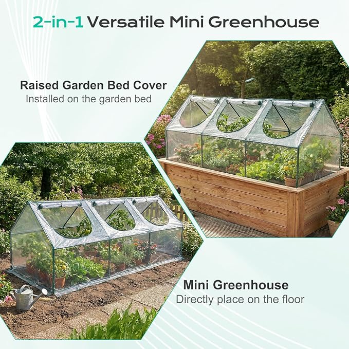 BPS 9x3x3 ft Mini Greenhouse with Transparent PVC Cover UV-Protected Roll-Up Zipper Doors, Ideal for Indoor or Outdoor Use on Raised Garden Beds