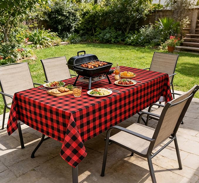Red Waterproof Plaid Christmas Tablecloth Fabric - Square 58x58 Inch Classic Gingham Checker Holiday Table Cloth for Indoor Use - Xmas Table Cover for Picnics, BBQs, and Parties