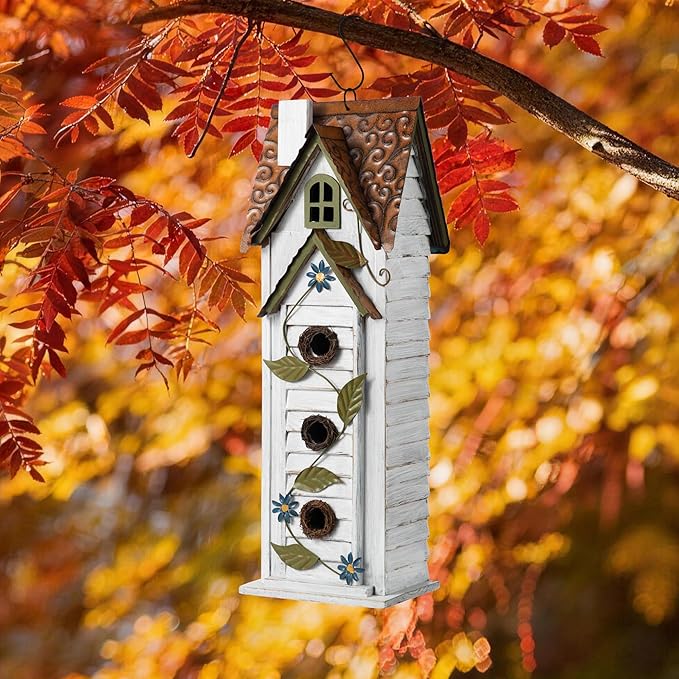 Glitzhome Bird Houses for Outside,Hand Painted Hanging Bird House for Outdoors, 24.25" H Oversized 3-Tiered Villa Decorative Wooden Bird Houses Large Birdhouse for Garden, Washed White