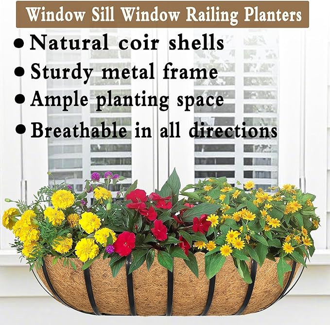 4pack 24-inch Window Sill Window Railing Planters with Cocoa Liner for Outdoor Balconies, Porches, Fences, Patio Railings
