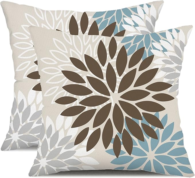 DFXSZ Brown Blue Flower Pillow Covers 16x16 Inch Set of 2 Summer Outdoor Waterproof Decor for Home Patio Funiture Garden Living Room Cushion Cover 002F16