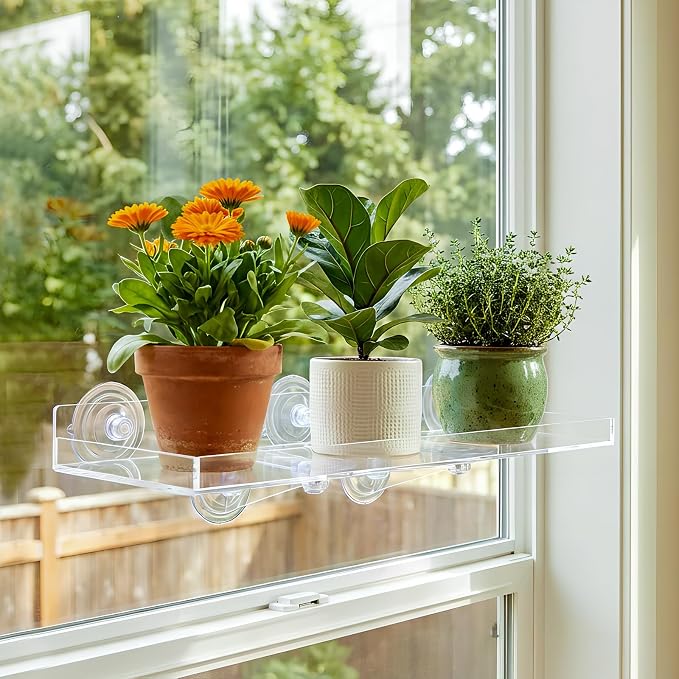 Window Plant Shelves, 2Pcs Acrylic Floating Shelf with Strong Suction Cup and Bracket, Window Sill Extender Plant Holder