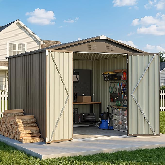 Greesum 8x8FT Outdoor Storage Shed, Utility Tool Shed with Sloping Roof, Metal Storaged Garden Shed with Door & Lock for Patio Storage, Brown