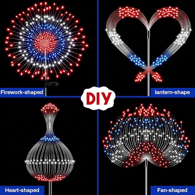 Tujoe 3 Pcs 4th of July Solar Firework Lights Patriotic Solar Light Outdoor Garden 120 LED 8 Modes Waterproof LED Sparkler Light for 250th Anniversary Patio Yard Pathway Walkway (Patriotic Colors)