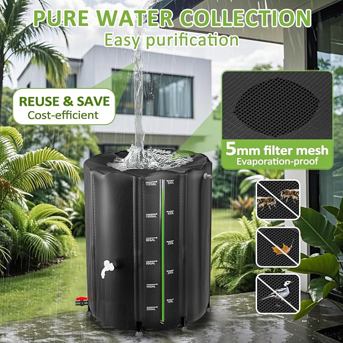 Collapsible Rain Barrel 132 Gallon, Rain Water Collection Barrel, 1000D PVC Rainwater Collection System with Mesh Cover Accessory (Bright Black 132 Gallon)