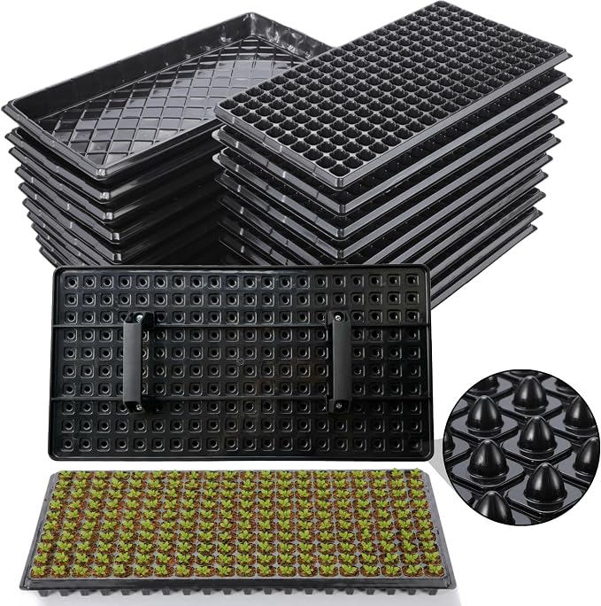 (20-Pack)200-Cell Seed Starter Trays with Dibber, 10 Pack Nursery Starting with Base Tray, 200 Hole Soil Digger for Setting Out Quickly, Seedling Planting Tray, Germination Kit Trays Reusable