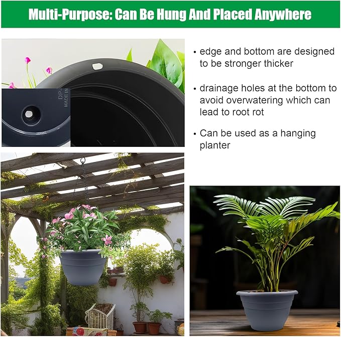 RooTrimmer 5 Pack 10 Inch Plant Pots for Indoor Outdoor,Plastic Floor Planters with Drainage Holes,Lightweight Flower Pots for Home,Patio & Garden(Grey)