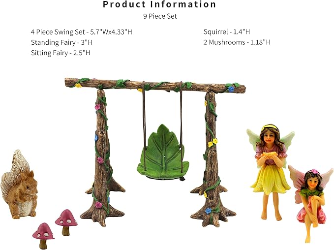 PRETMANNS Fairies for Fairy Garden Outdoor Accessories - Figurines Set with Swing, Squirrel & Mushrooms - Miniature Fairy Garden Kit - Fairy Village Supplies - 6 Piece Resin Fairies | Fairies with Swing Set, Squirrel & Mushrooms, Fairy Figurines, Garde...