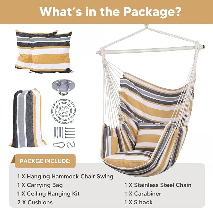 SUNCREAT Hammock Chair Swing with Steel Support Bar, Side Pocket, Large Hanging Chair Outdoor, Max 450lbs Capacity, Coffee Stripes