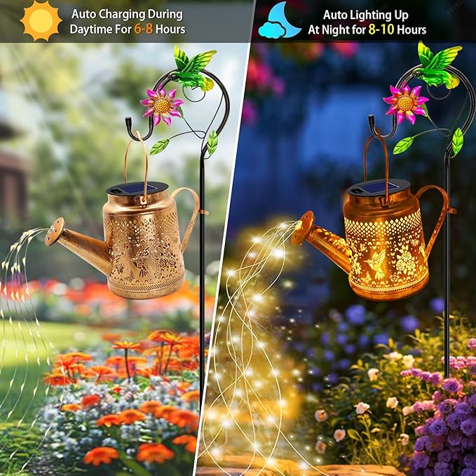 2 Pack Solar Lanterns Outdoor Waterproof, Gift for Mom Grandma Women Wife Daughter Mother's Day, Hummingbird Watering Can Garden Light With Shepherd Hook, Solar Path Light Yard Art Outside Patio Decor