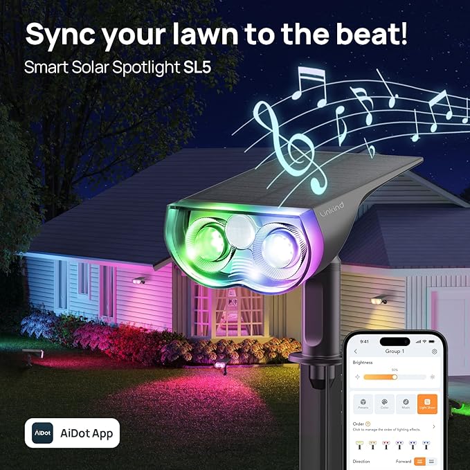 Linkind Smart Solar Lights Outdoor SL5 with Motion Sensor, APP Control Color Changing Solar Spot Lights Outdoor Waterproof, IP65 Landscape Lighting for Yard, Garden, Patio, Path(2 Pack)