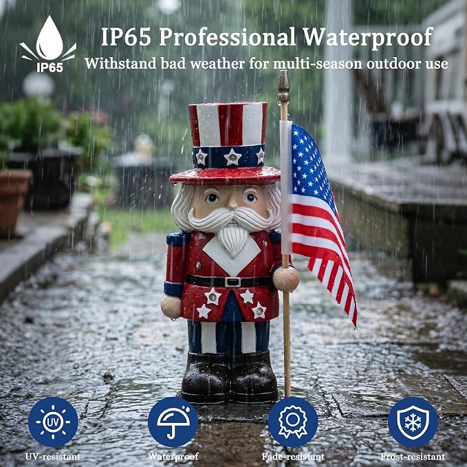 Nacome Solar Nutcracker Soldier Garden Statue: American Flag Figurine for Patriotic Outdoor Lawn Porch Patio Yard Decorations - Gifts for Mom Grandma Women