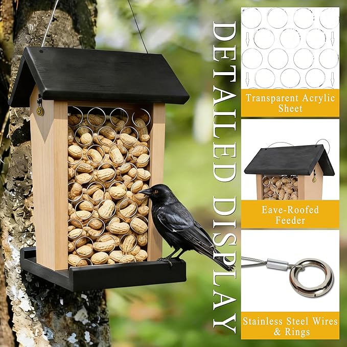 Crow Feeder - Hanging Whole Peanut Bird Feeder, Durable Solid Wood, Attracts Crows, Woodpeckers, Large Birds & Blue Jays - Outdoor Garden, Yard Use