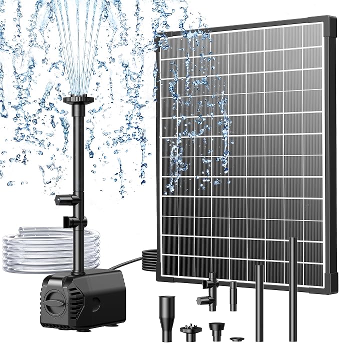 Biling 25W Solar Fountain Pump, 410GPH Submersible Solar Pond Pump with Filtration and Dry Run Protection, 4.9ft Lift, 17ft Cord, 4 Nozzles, 6.7ft Tubing for Pond Fountain, Outdoor Water Features