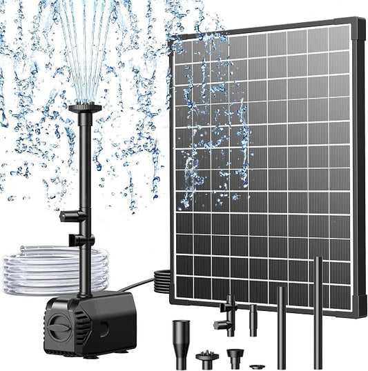 Biling 25W Solar Fountain Pump, 410GPH Submersible Solar Pond Pump with Filtration and Dry Run Protection, 4.9ft Lift, 17ft Cord, 4 Nozzles, 6.7ft Tubing for Pond Fountain, Outdoor Water Features