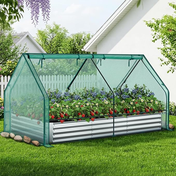 Ohuhu Raised Garden Bed with Cover Outdoor, 8x4x1 FT Galvanized Metal Planter Box with PE Greenhouse Cover, 4 Doors for Ventilation, 3-in-1 Gardening Set for Vegetable Flower Herb Succulent
