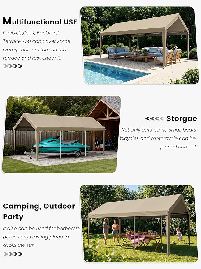 10 x 20 Ft Carport Replacement Cover, Heavy Duty Outdoor Car Tarp Canopy, Waterproof & UV Protected Tear Oxford Tarp with Ball Bungees (Frame is Not Included)