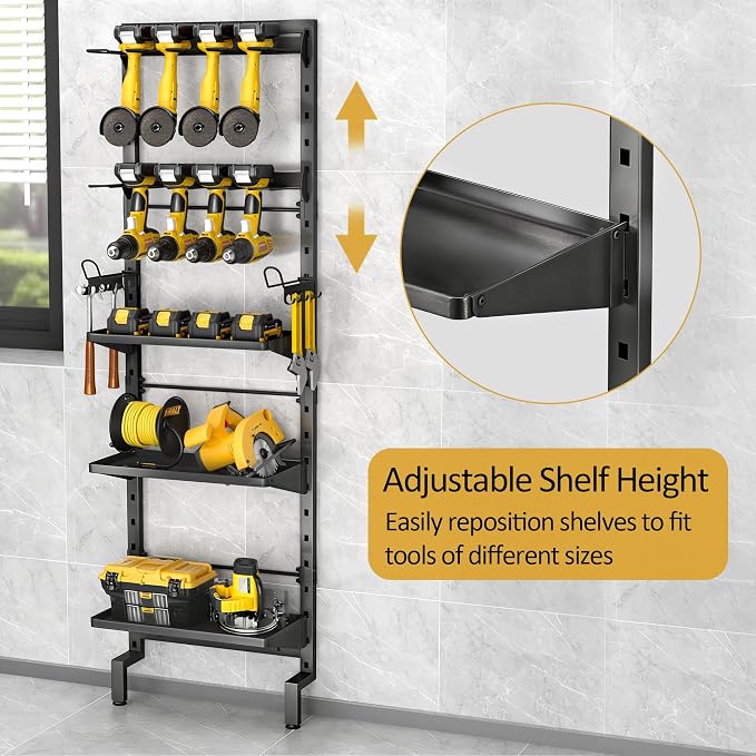 BUKFEN Garage Tool Storage Rack, Wall Mount 5-Tier Heavy Duty Metal Organizer with 8 Drill Holder Slots, Adjustable Shelves, Side Hooks Workshop Utility 1 Pack Black Vertical Space-Saving