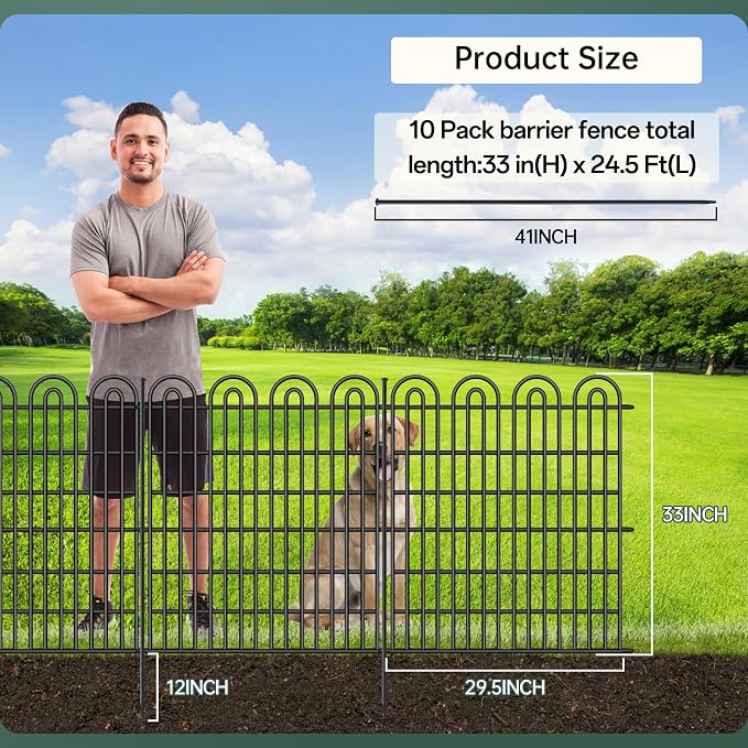 10 Panels Tall Garden Animal Barrier Fence, 33 in(H) X 24.5 ft(L) No Dig Decorative Garden Fence Outdoor for Yard, Heavy Duty Rustproof Metal Edging Border for Dog, Rabbits