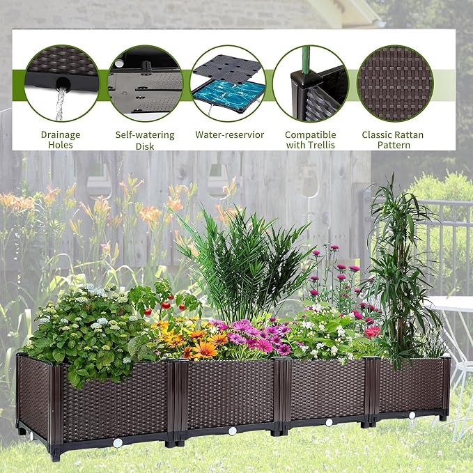 Garvee 63"x16"x8" Large Outdoor Raised Planter Box, Self-Watering Rectangular Garden Bed with Drainage Plug, Deep Elevated Planter for Patio, Balcony, Deck