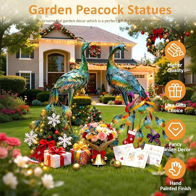 Kircust Metal Peacock Staues for Outdoor Garden | Yard Art Sculptures, Weather-Resistant, Hand-Painted, 30.7"H, For Backyard, Patio, Porch