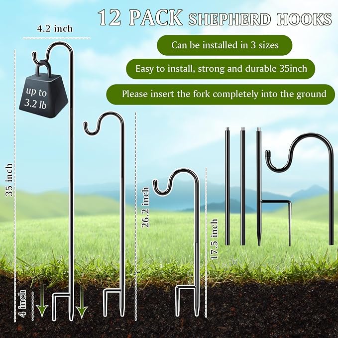 12 Pcs 35 Inch Shepherds Hook for Outdoor Adjustable Bird Feeder Pole Metal Steel Shepard Hooks for Hummingbird Stand Feeder Pole for Garden Plant, Lantern, Hanging Wedding Decor