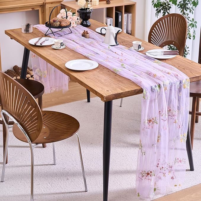 vctops 2 Packs Embroidery Lace Spring Table Runner 10ft Floral Garden Seasonal Tulle Table Runner Holiday Kitchen Dining Table Decoration for Wedding Party Baby Shower Birthday (Purple,30"x120")