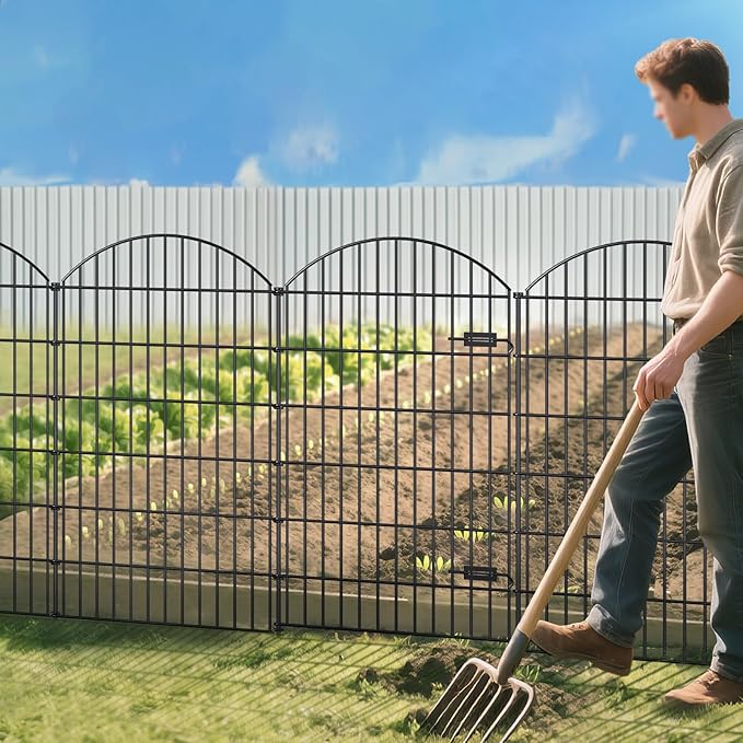 FOREHOGAR Metal Garden Fence with Gate 48in (H) x 12.7ft (L), 1 Gate+ 4 Panels Dog Fence Border Fences Animal Barrier, No Dig Garden Fencing for Yard Flower Bed Lawn Patio Outdoor, ECG4805G, Black