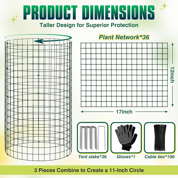 12 Pack 17" x 12" Tall Round Plant Cage - 36PCS Plant Support Cage Metal Wire Mesh Plant Protector for Outdoor Gardening Supplies Garden Protection Rabbits Chickens Ducks for Vegetables Flowers Shrubs