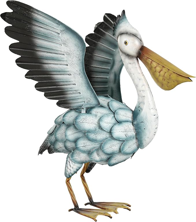 Metal Pelican Garden Statue, 18.5in Large Coastal Pelican Outdoor Yard Art Decor with Hand-Painted Blue & White Finish, Lifelike Bird Sculpture for Backyard Pond, Patio, Flowerbed or Home Decor