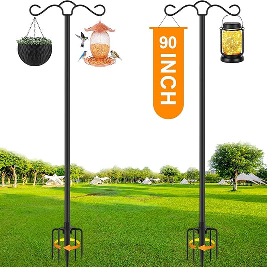 SINLEY 2 Pack 90 inch Double Shepherds Hook for Outdoor with 5 Prong Base Heavy Duty Two Sided Bird Feeder Pole for Hanging Lantern,Hummingbird Feeder,Lightweight Plant,Shepherds Hook