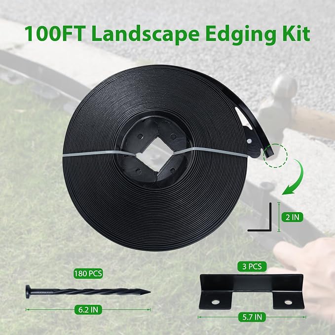 Landscape Edging Border 100 FT 2 Inch Tall with 180 Spikes, Plastic Edging for Landscaping, Garden Edging Border, Flower Bed, Paver and Lawn Edging Border, Black