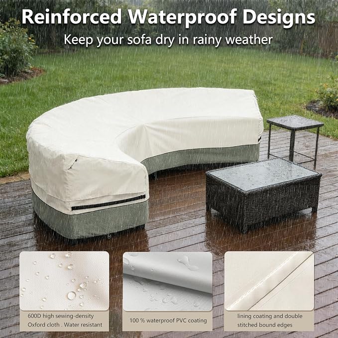 Okcool Outdoor Sectional Cover,Curved Patio Furniture Covers for 5-7 Seater Outdoor Furniture Couch,190"(Back Arc Length) / 126"(Front Arc Length) x 32"(Deep),White&Grayish Green