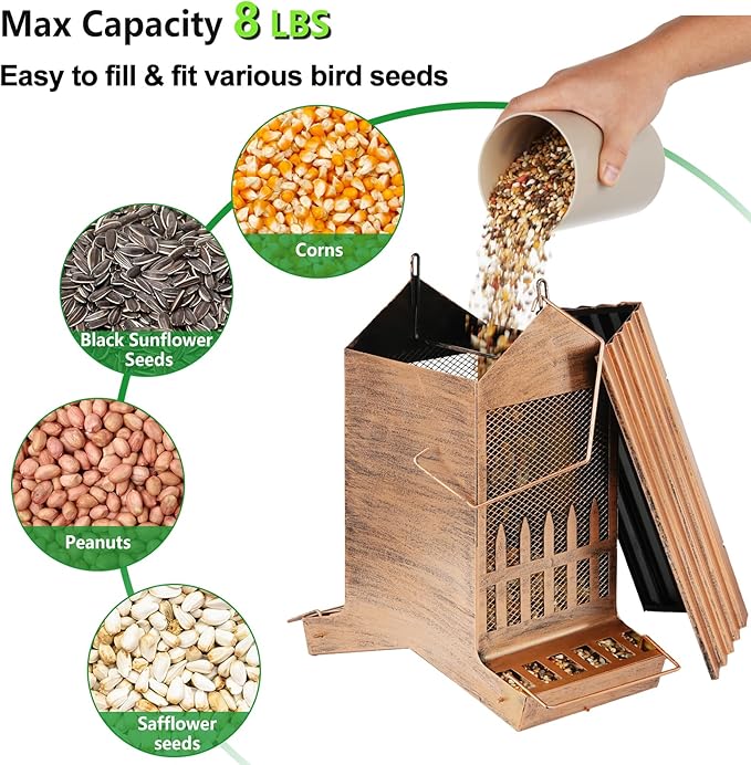 Large Bird Feeder, Extra Large 8 Lbs Capacity with 2-Side Feeding, Weatherproof Wasteproof Hanging Metal Bird Feeders for Outdoor, Easy to Clean & Refill
