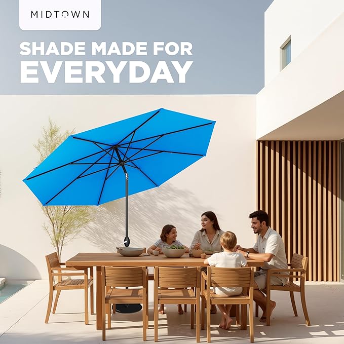 Midtown Umbrellas - 10-Year-No-Fade 10FT Patio Umbrella with Terylast Fabric, Auto-Tilt Aluminum Frame and 8 Reinforced Ribs for Deck, Pool, Garden & Beach - Cobalt Blue Canopy, Black Pole