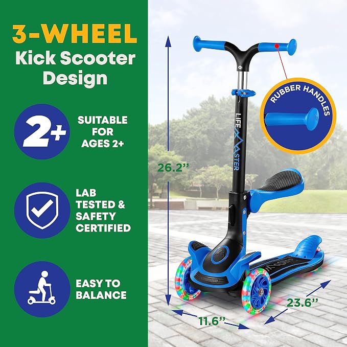 3 Wheel Scooter for Kids with Foldable Seat, Adjustable Handlebar Height, Lean-to-Steer Ride On Toy for Kids Ages 2+, Light-Up LED Wheels, Wide Anti Slip Deck, Indoor & Outdoor Use
