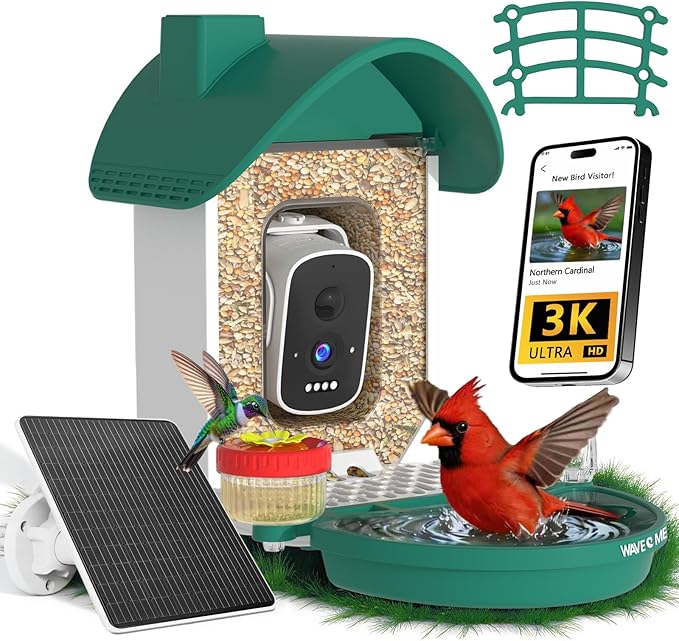 Bird Feeder with Camera, 3K Smart Bird Camera with AI Identification & Bird Bath, Solar Powered Wireless Outdoor Bird House with Spill-Proof Net, Ideal Backyard Bird Watching Gift to Bird Lovers